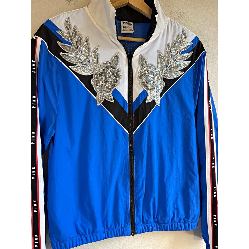 PINK Victoria's Secret Blue Colorblock Sequin Full Zip Windbreaker Size Small
